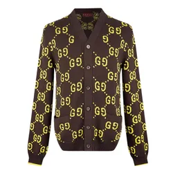 Áo Cardigan Nam Gucci Brown Monogram Jacquard With Logo Lime 791041 XKD35 2058 Màu Nâu Size XS