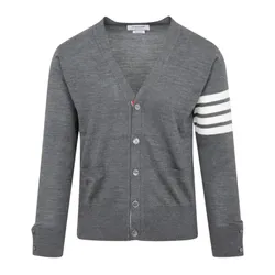 Áo Cardigan Nam Thom Browne Med Grey Merino Wool 4-bar Classic V-neck MKC002A Y1014 038 Màu Xám Size 2