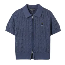 Áo Len Nữ WHOAU Steve Cable ShortSleeve Zip-up Cardigan WHCKF2431F Màu Xanh Navy Size S