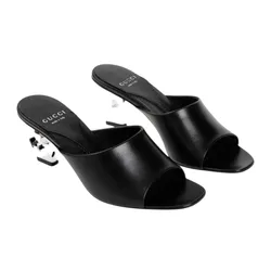 Dép Cao Gót Nữ Gucci Bella Black Leather Sandals Silver-tone Interlocking 772569 C9D00 1000 Màu Đen Size 36.5