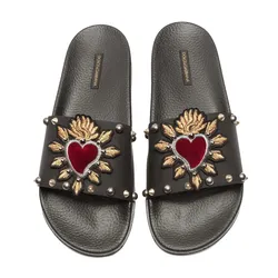 Dép Dolce & Gabbana Slippers In Rubber And Calfskin With Heart Patches Màu Đen&nbsp;Size 40