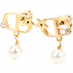 Khuyên Tai Nữ Dior Petit CD Alphabet Lucky Star Rhinestone Pearl Pendant Earrings Màu Vàng Gold