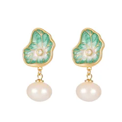 Khuyên Tai Nữ Jessica Pearl Lotus Leaf JE66 Màu Xanh Vàng