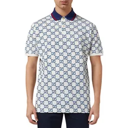 Áo Polo Nam Gucci GG Monogram Stretch Cotton White Blue 598956 XJB0U 9064 Màu Xanh Phối Trắng Size XL