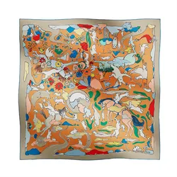 Khăn Nữ Hermès Square 90 Thousand and One Rabbits Gray Clair/ Beige Doré /Multicolor Phối Màu