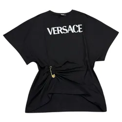 Áo Phông Nữ Versace Safety-pin Black With Logo Printed 1010260 1A00769 2B020 Tshirt Màu Đen Size 36