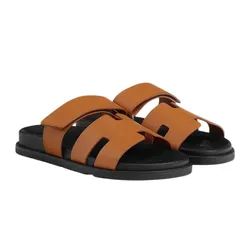 Dép Nam Hermès Calfskin Chypre Sandal In Naturel H222000ZH43410 Màu Nâu Đen Size 41