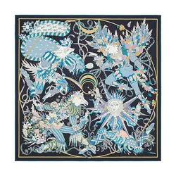 Khăn Lụa Nữ Hermès Le Sacre Des Saisons Scarf 90 Bleu Noir / Ciel / Rose Màu Xanh Đen