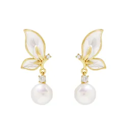 Khuyên Tai Nữ Jessica Pearl Butterfly Drop JE67 Màu Trắng Vàng