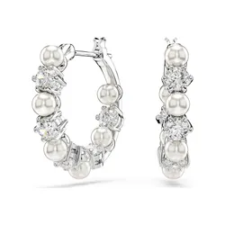 Khuyên Tai Nữ Swarovski Matrix Hoop Earrings Crystal Pearl, Round Cut, White, Rhodium Plated 5709256 Màu Bạc