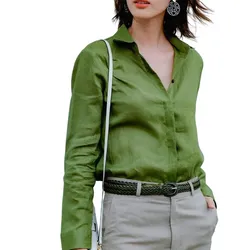 Áo Sơ Mi Nữ F2 Fashion & Freedom Women's Linen Shirt In Military Green Summer Fragrance SMW360-XRL-S-0422 Màu Xanh Rêu Size S