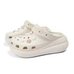 Dép Sục Nữ Crocs Classic Crush Clog Woman Embellished With White Pearl And Quart Gems Sandal - Bone Màu Kem Size 37-38