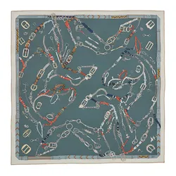 Khăn Hermès Les Chevaux Dechaines Scarf 90 Blanc/ Orange Cuit/ Gris H004096S 13 Màu Xanh Xám