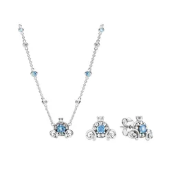 Set Dây Chuyền Và Khuyên Tai Pandora Cinderella Pumpkin Coach Màu Bạc Xanh
