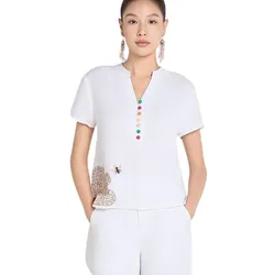 Áo Kiểu Nữ F2 Fashion & Freedom White Linen Blouse Embroidered With A Touch Of Effortless Elegance AK641-TRANG THEU-S-0325 Màu Trắng Size S
