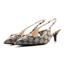 Giày Cao Gót Nữ Gucci Monogram Horsebit 35mm Slingback Pumps Beige Blue Màu Be Size 35