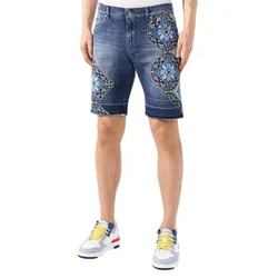 Quần Short Nam Dolce & Gabbana D&G Stretch Denim Bermuda Shorts With Maiolica Print Màu Xanh Họa Tiết Size 46