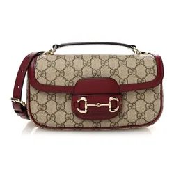 Túi Đeo Chéo Nữ Gucci GG Supreme Monogram Horsebit 1955 Small Soft Top Handle Shoulder Bag Beige/ Dark Red Màu Be Đỏ