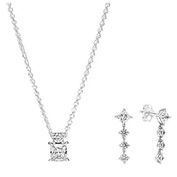 Set Dây Chuyền Và Khuyên Tai Pandora Pandora Sparkling Collier Round & Square Pendant Màu Bạc