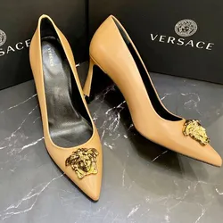 Giày Cao Gót Nữ Versace La Medusa Màu Be Đậm Size 35