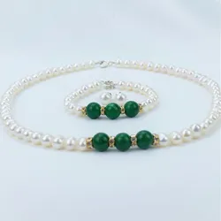 Set Dây Chuyền + Vòng Tay + Khuyên Tai Nữ Minh Hà Pearl Jewelry Ngọc Trai Đính Đá Cẩm Thạch Màu Xanh Trắng
