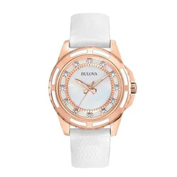 Đồng Hồ Nữ Bulova Women's Quartz Diamond Accents Rose Gold White Leather Watch 98S119 Màu Trắng