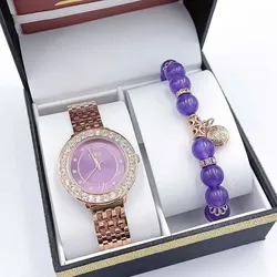 Set Đồng Hồ Nữ Burgi BUR274 Watch + Vòng Tay Đá Cẩm Thạch Màu Vàng Hồng Phối Tím