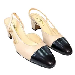 Giày Cao Gót Nữ Chanel Leather CC Slingback Sandals Black/ Beige Màu Be Đen Size 37.5