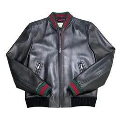 Áo Khoác Nam Gucci Black Bomber Leather Jacket SP148518 Màu Đen Size 48