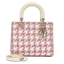 Túi Xách Nữ Christian Dior Leather Lady Dior Medium Pink, White And Silver Tweed Màu Hồng Trắng