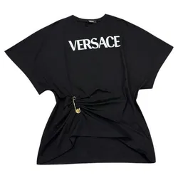 Áo Phông Nữ Versace Safety-pin Black With Logo Printed 1010260 1A00769 2B020 Tshirt Màu Đen Size 36
