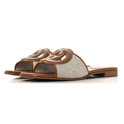 Dép Nữ Gucci Canvas Rice Cosmos Softy Calfskin Interlocking G Cut Out Slide Sandals Màu Nâu Size 37