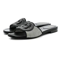 Dép Nữ Gucci Cosmo Softy Calfskin Canvas Interlocking G Cut Out Slide Sandals Natural Black Màu Đen Size 37