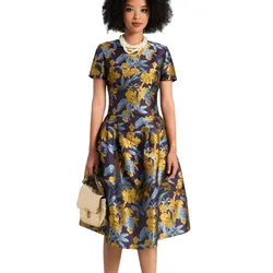 Váy Xòe Nữ F2 Fashion & Freedom Women's Brocade Dress In Blue And Yellow Colors Of Freedom D580-XV-S-0723 Màu Xanh Vàng Size S