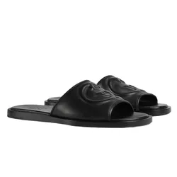 Dép Nữ Gucci Interlocking G Black Leather Slide Sandals Màu Đen Size 39