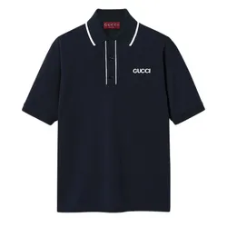 Áo Polo Nam Gucci Logo Print Piqué Shirt Màu Xanh Navy Size XS