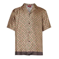 Áo Sơ Mi Nam Gucci Monogram-Pattern Camp-Collar Silk Shirt Màu Be Size 46