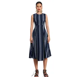 Váy Xòe Nữ F2 Fashion & Freedom Women's Golden Girl Linen Dress Blue With Gray Stripes D772-XSX-S-0923 Màu Xanh Xám Size S