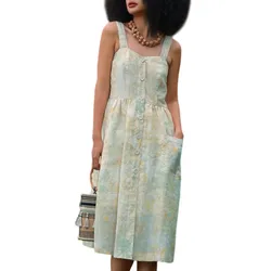Váy Liền Nữ F2 Fashion & Freedom Into The Wood Cream Floral Linen Dress D340-KHX-S-0524 Màu Kem Xanh&nbsp;Size S
