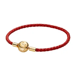 Vòng Đeo Tay Nữ Pandora 14K Gold Plated Round Clasp Bracelet With Red Leather Strap 568777C01 Màu Đỏ