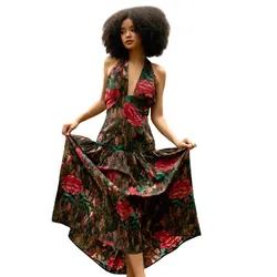 Váy Xòe Nữ F2 Fashion & Freedom Into The Wood Brown Linen Dress With Red Floral Print D804-NHD-M-0624 Màu Nâu Đỏ Size M