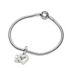 Set Vòng Đeo Tay + Hạt Vòng Charm Pandora Pearlescent White Heart Double Charm 590728 + 792649C01 Màu Bạc