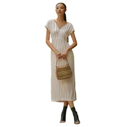 Váy Liền Nữ F2 Fashion & Freedom  Linen Into The Wood D809-TSN-S-0524 Màu Trắng Kẻ Size S
