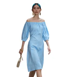 Váy Trễ Vai Linen Nữ F2 Fashion & Freedom D574-X-S-1221 Màu Xanh Nhạt Size S
