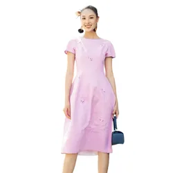 Váy Liền Nữ F2 Fashion & Freedom Purple Linen Dress With Embroidery Become Unveil Colors Of Freedom D521-TIM-T-S-0323 Màu Tím Size S