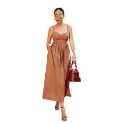 Váy Midi Hai Dây F2 Fashion & Freedom Linen Chocolate Fall In Love DT-D649-N-S-1122 Màu Nâu Size S
