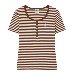 Áo Thun Nữ WHOAU Steve Ribbed Henry Neck T-shirt WHRAG2452F-85Brown Màu Nâu
