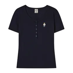 Áo Thun Nữ WHOAU Steve Ribbed Henry Neck T-shirt WHRAG2452F-59NAVY Màu Xanh Navy