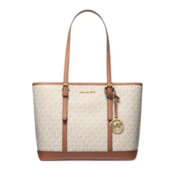 Túi Tote Nữ Michael Kors MK Jet Set Travel Small Logo Top-Zip Tote Bag 35S0GTVT1V Màu Trắng - Nâu