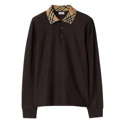 Áo Polo Dài Tay Nam Burberry Cotton Shirt With Checkered Collar Màu Nâu Đen&nbsp;Size S